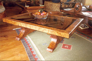 Glass top burr elm table