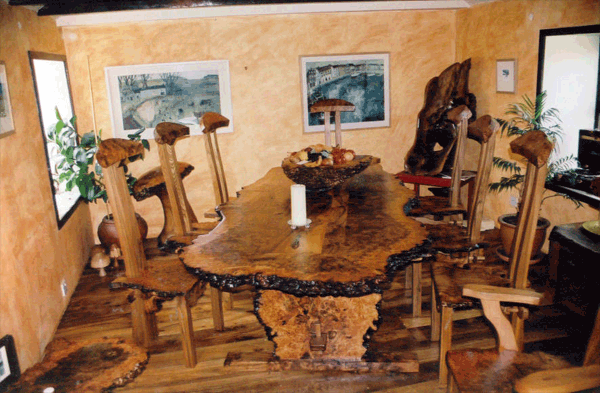 Burr elm dining table and dining chairs
